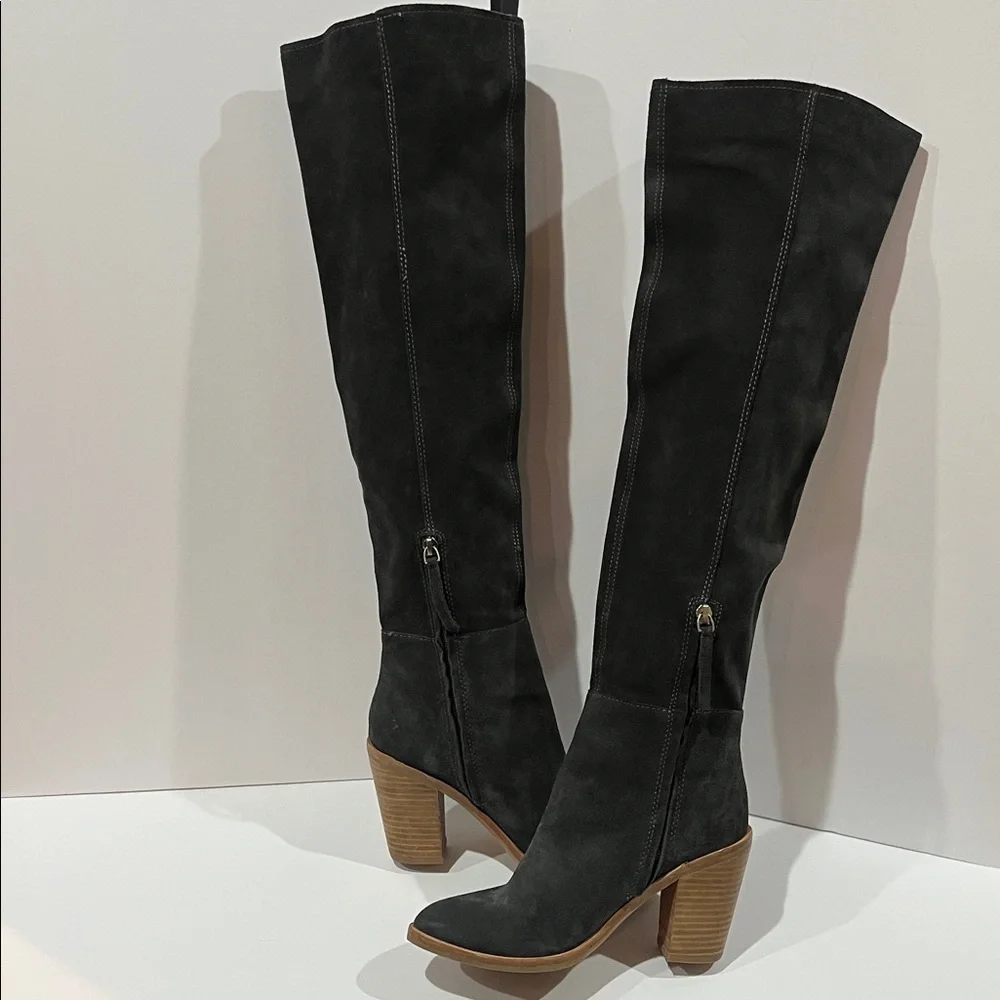 Dark Gray Suede Knee-High Boots - Picture 5 of 14